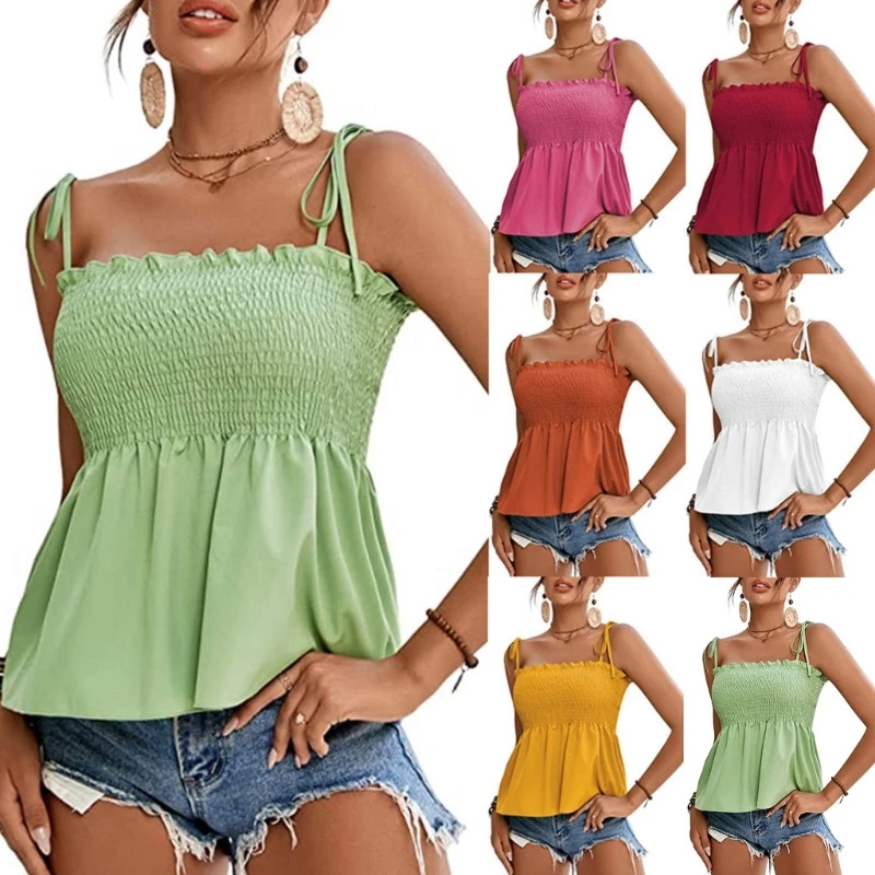 Spaghetti Straps Tube Tops 2 Layers Ruffle Tanks Vests Solid