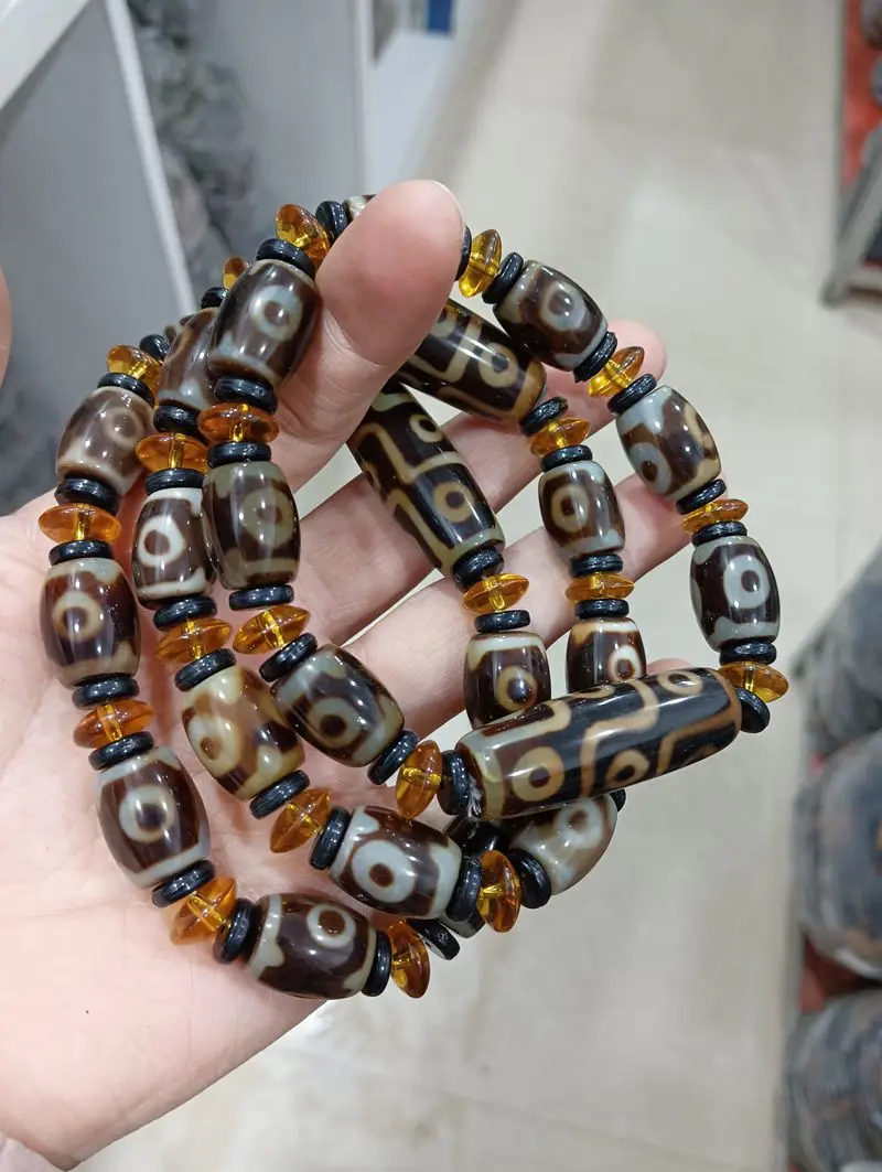 Lucky 9 Eyes Tibetan Dzi Bead Bangle Amulet 3 Eyes Vein Beads Bracciali Energy Magical Talisman
