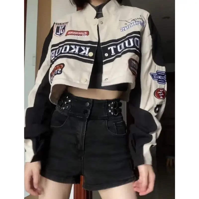 Removable Motorcycle Jacket American Vintage Spicy Girls Fashion Racing Baseball jackets for women coat harajuku goth y2k jacket