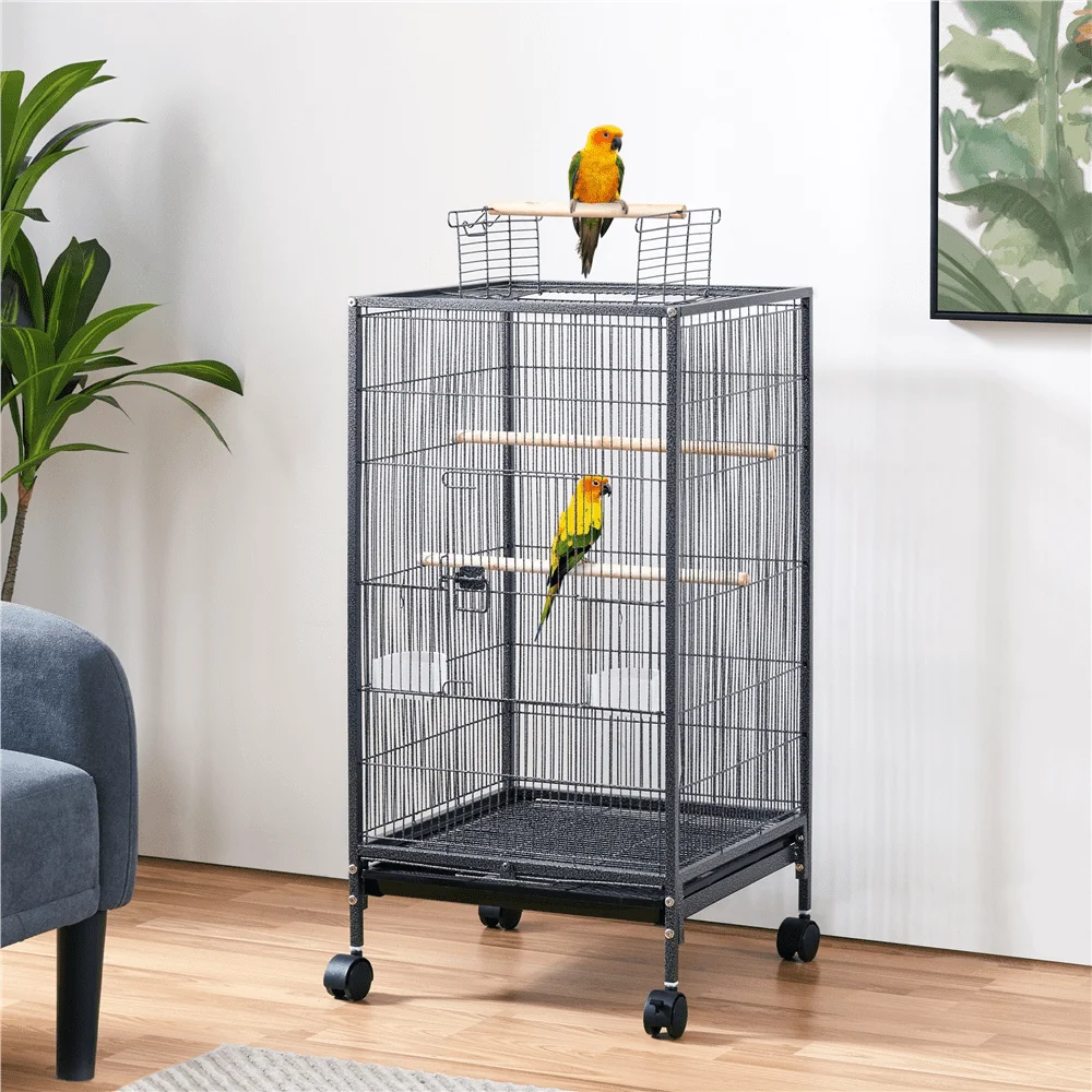 

40-Inch H Wrought Iron Bird Cage with Rolling Stand Open-Top, Black