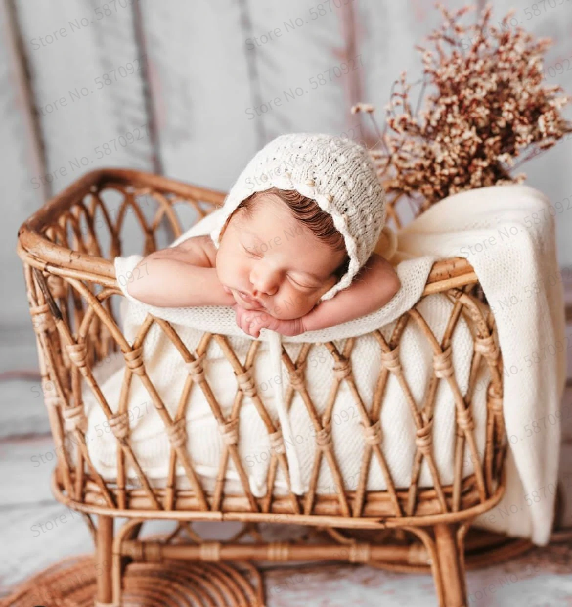 2022 Newborn Photography Props Basket Vintage Rattan Baby Bed Weaving