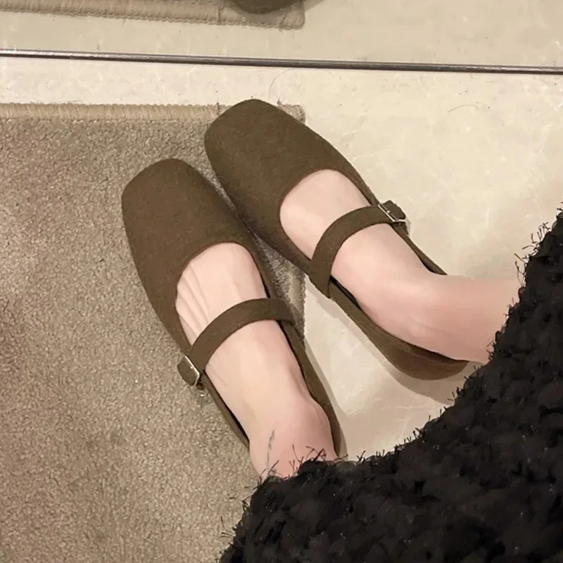 Women's Felt Mary Janes Shoes Square Toe Ballet Flats for Female New Fashion Buckle Strap Ladies Shoes Spring Autumn 5