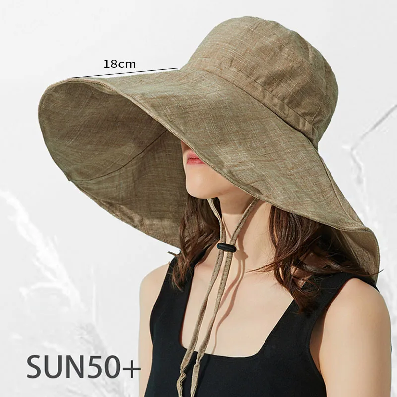 2023 Summer Wide Brim 18cm Linen Sun Hats for Women Uv Protection UPF 50+ Sunshade Foldable Bucket Hat Beach Outing Panama 2