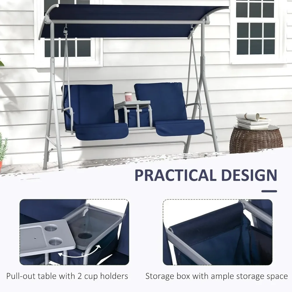 2 Person Porch Swing with Stand, Outdoor Swing with Canopy, Pivot Storage Table, 2 Cup Holders, Cushions for Patio, Backyard 5