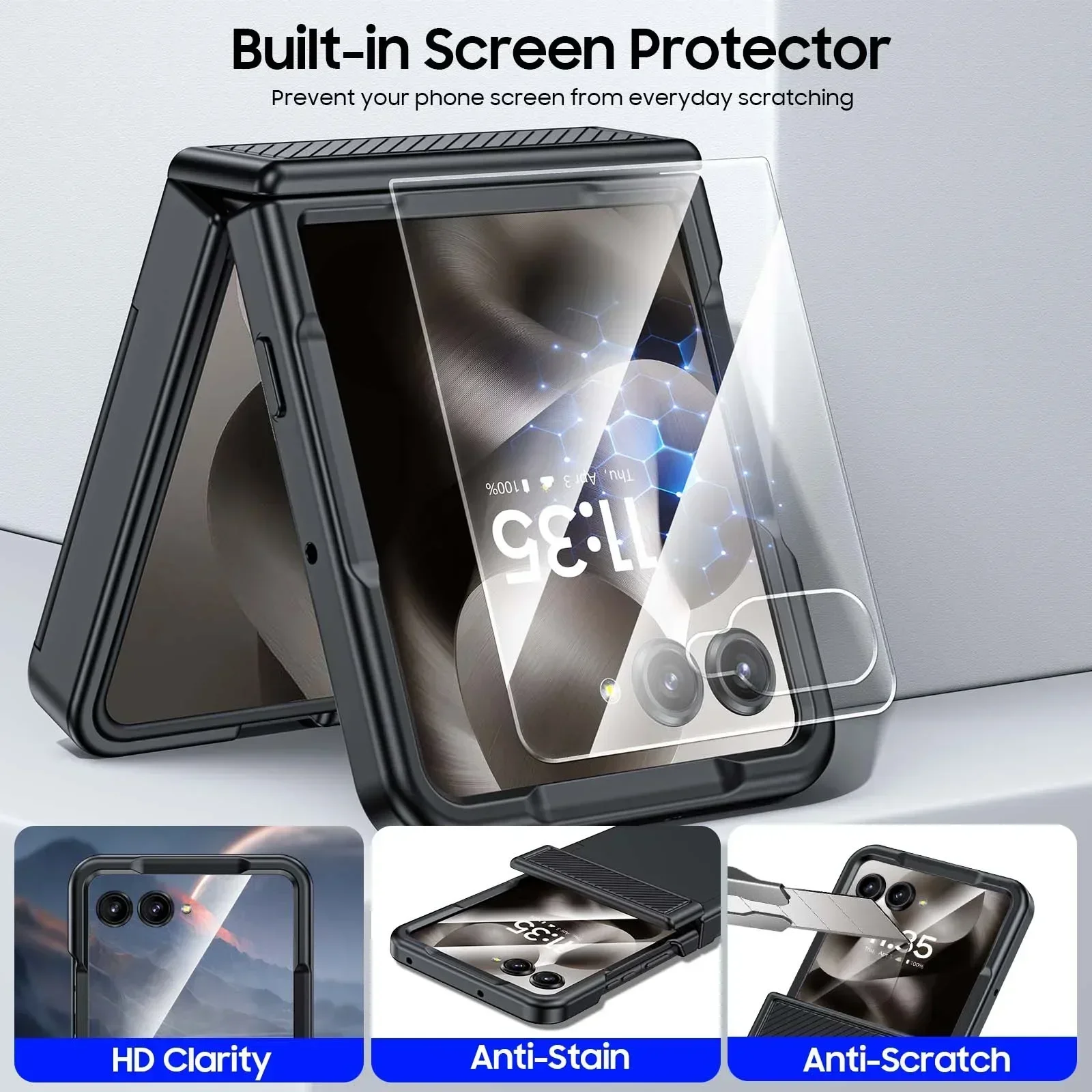 Black Phone Case with Card Clip, Hinge Protection, RFID Shielding, and Screen Protector