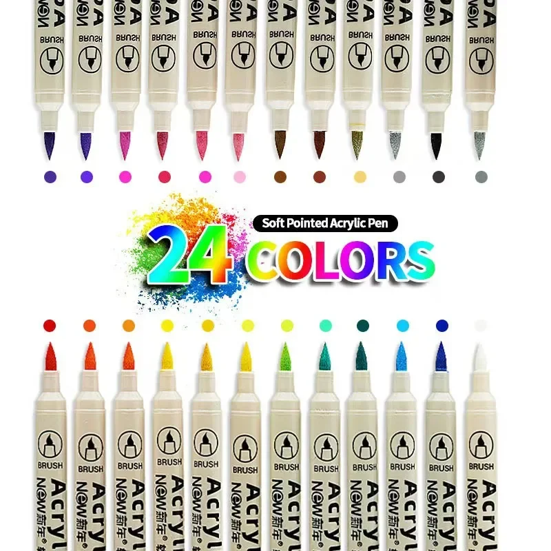 12-48 Colors Acrylic Paint Markers Soft Brush Nib Art Markers for Rocks Tiles Glass Ceramic Pens Painting DIY Art Supplies