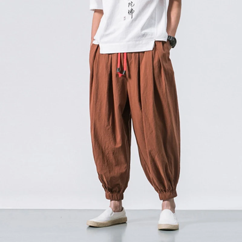 Cotton Linen Harem Pants Men Solid Elastic Waist Streetwear Joggers 2023 New Baggy Drop-crotch Pants Casual Trousers Men 3