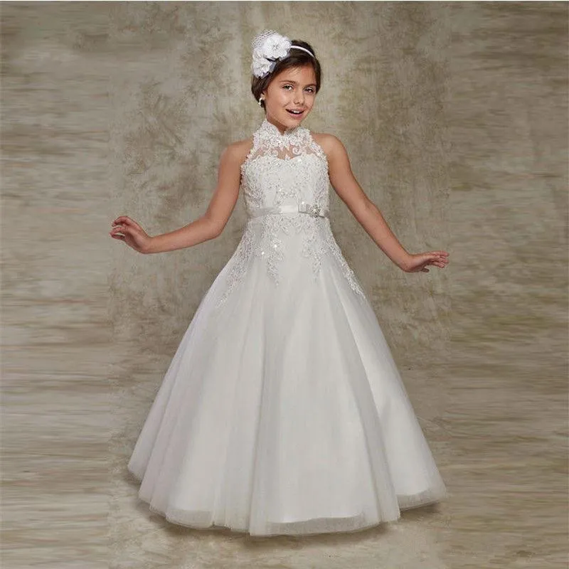 

Jewel Neckline Lace A Line Flower Girls Dress For Weddings 2022 Custom Made High Quality Communication Dress Girls Pageant Dress