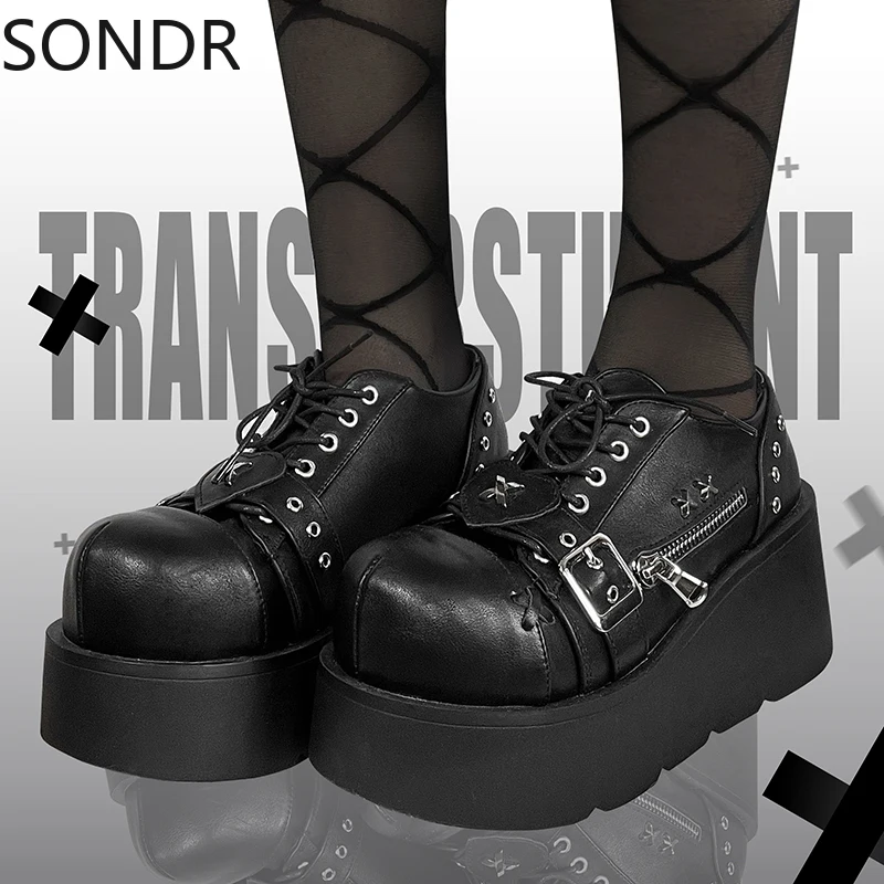 

Women Lolita Rivet Round Toe Platform Wedge High Heel Creepers Japanese Harajuku Gothic Belt Buckle Punk Pumps Shoes Dark