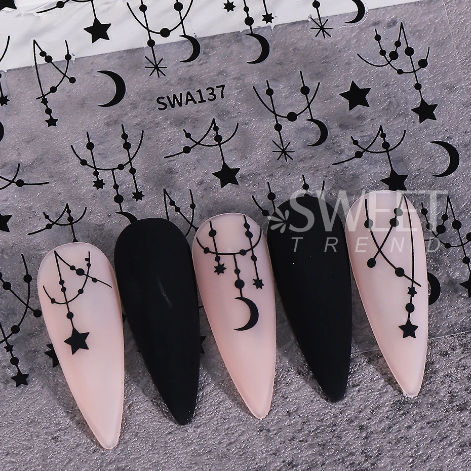 2pcs Bohemian Style Nail Stickers Silver Black Star Moon Chain Stripe Self-adhesive Nail Decals DIY Manicure Slider Decoration