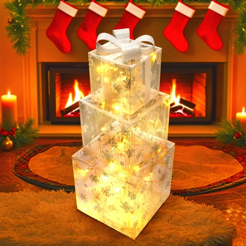 3 Stück leuchtende Geschenkbox, warmes Licht, Schmetterlings-Krawatte, Weihnachtsgeschenkbox, glänzende Geschenkbox, batteriebetrieben (3 x AA, keine eingebaute Batterie)