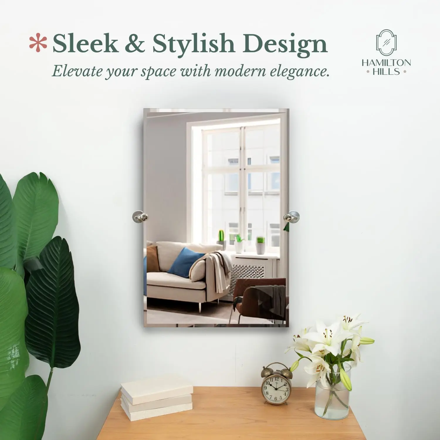 24x36" Frameless Pivot Mirror. Adjustable Rectangular. Wall-Mounted. Chrome Silver Brackets. Modern Kitchen, Living Room.