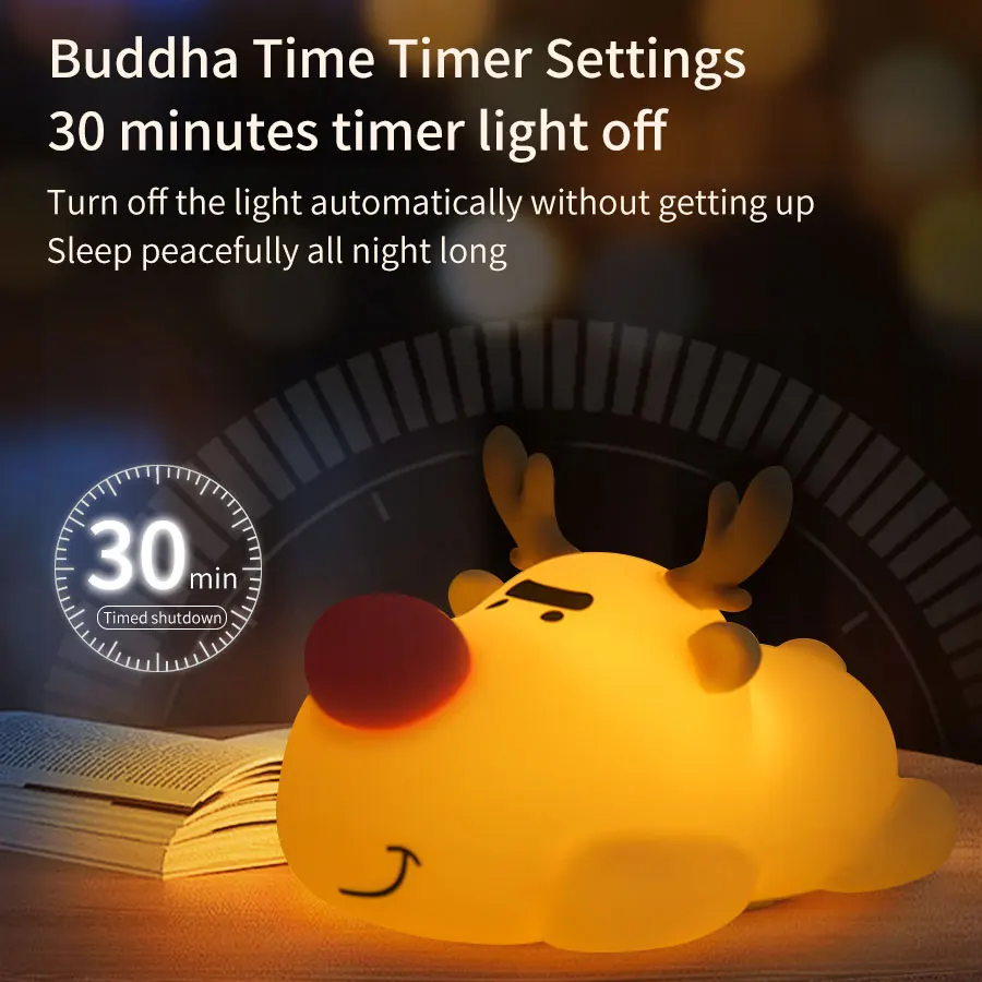 순록 실리콘 LED 야간 조명, USB 충전, 수면 램프, 타이밍 룸 장식, 크리스마스 선물, 어린이용 LED 조명