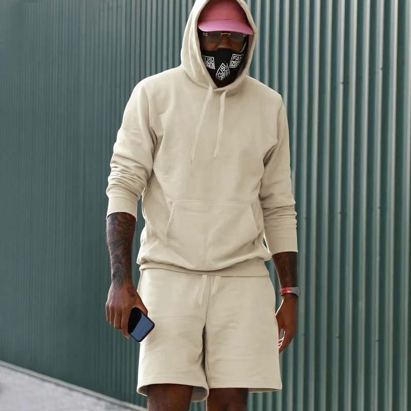 2023 New Spring and Autumn Men's Sportswear Casual Solid Wool Lined Hoodie and Shorts Fashion Casual Two Piece Men's Set