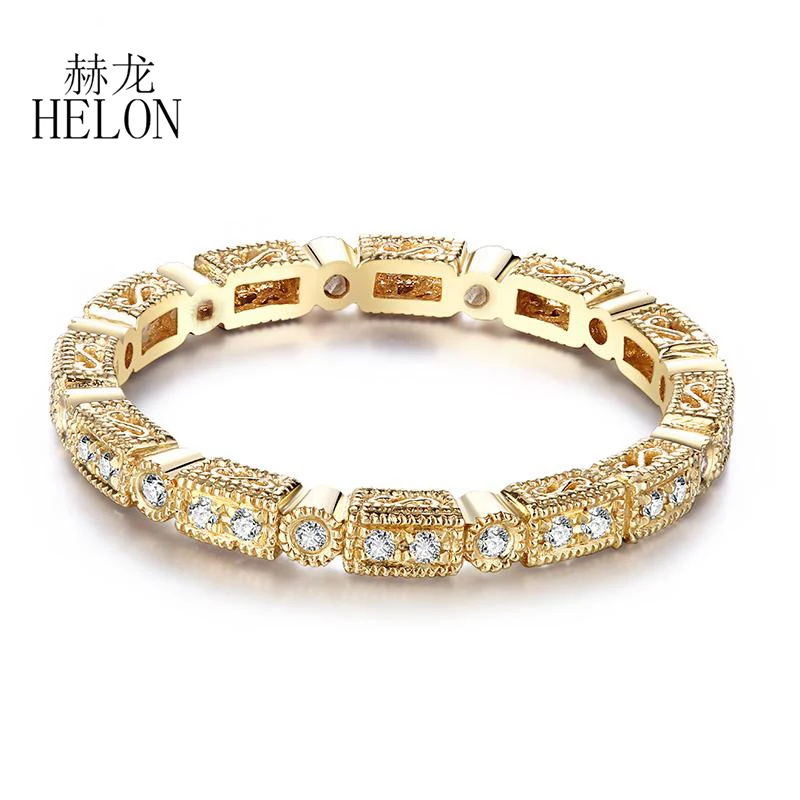 

HELON Solid 10k Yellow Gold Ring Natural Diamond Engagement Wedding Ring Women Vintage Unique Jewelry Ring Full Eternity Band