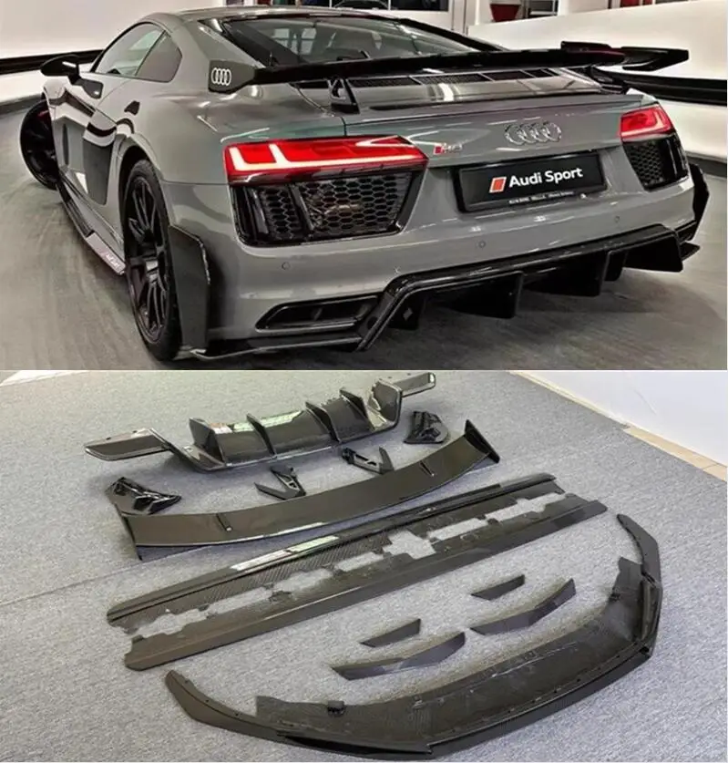 

Real Carbon Fiber Front Bumper Lip +Rear Spoiler + Trunk Diffuser + Side Body Skirt Kit For Audi R8 V8 V10 GT 2016-2020 P Style