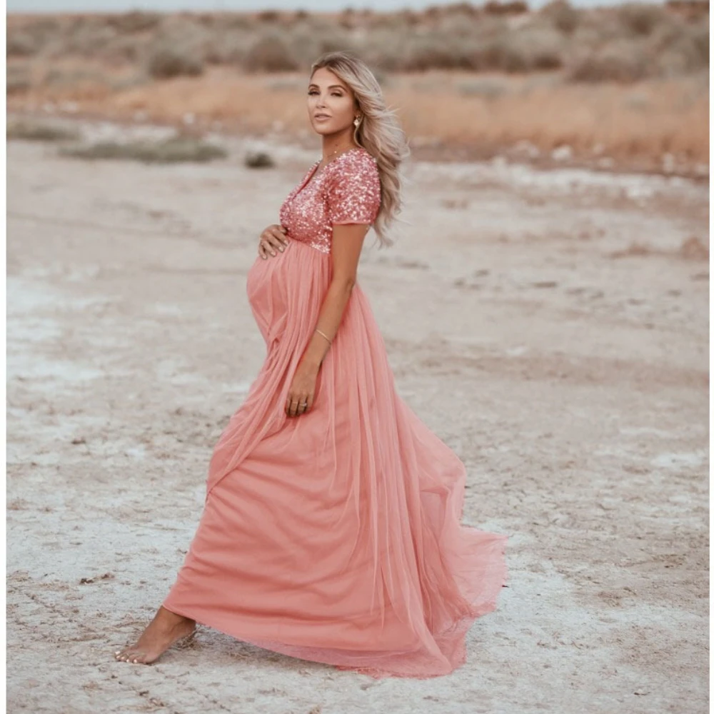 Maternity Sequin Paneled Mesh Maternity Fluttering Solid Color Skirt Short Sleeves Crewneck Photography Maxi Dress