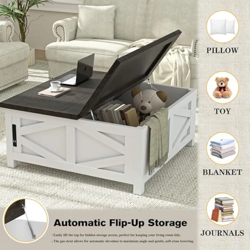 36" Farmhouse Lift Top Coffee Table with Storage, Square Coffee Table with Charging Station, Living Room Center Table 5