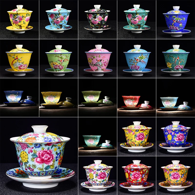 Exquisite Enamel Color Tea Cup Set Hand Painted Flower And Bird Master Cup Tea Bowl With Saucer Porcelain Kung Fu Teacup
