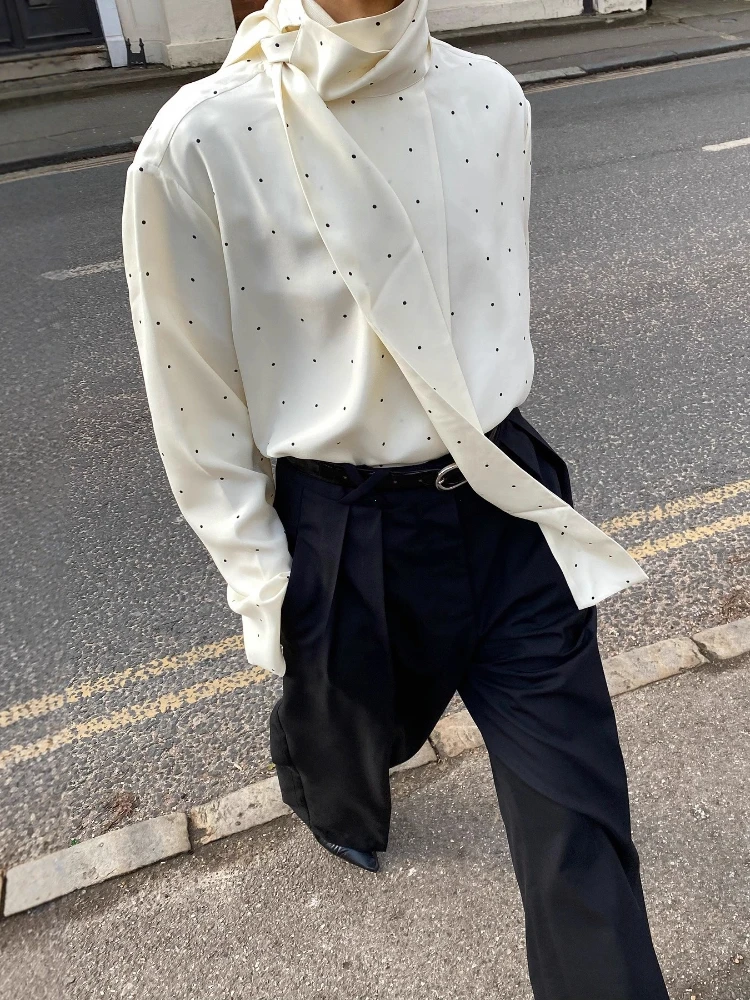 Satin Scarf Neck Polka Dot Printing Women Blouse Fashion Full Sleeve Loose Basic Shirt Lady Autumn New Highstreet Commute Wear
