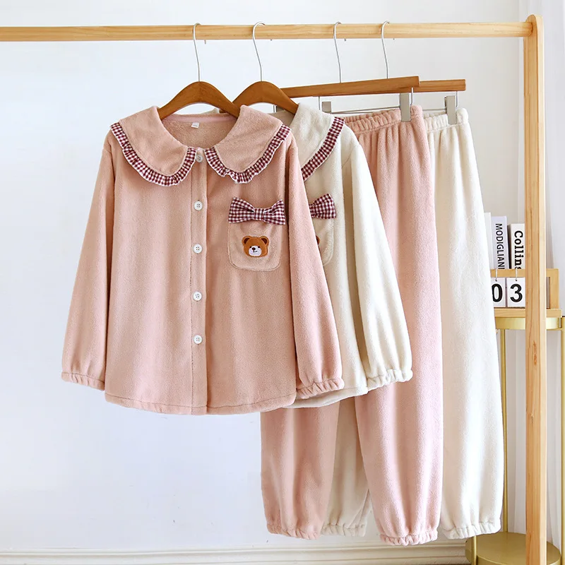 2024 New Coral Velvet Winter Pajamas For Women Sweet Cute Home Clothes Suit Thick Warm Sleepwear Female Flannel Nightwear Set