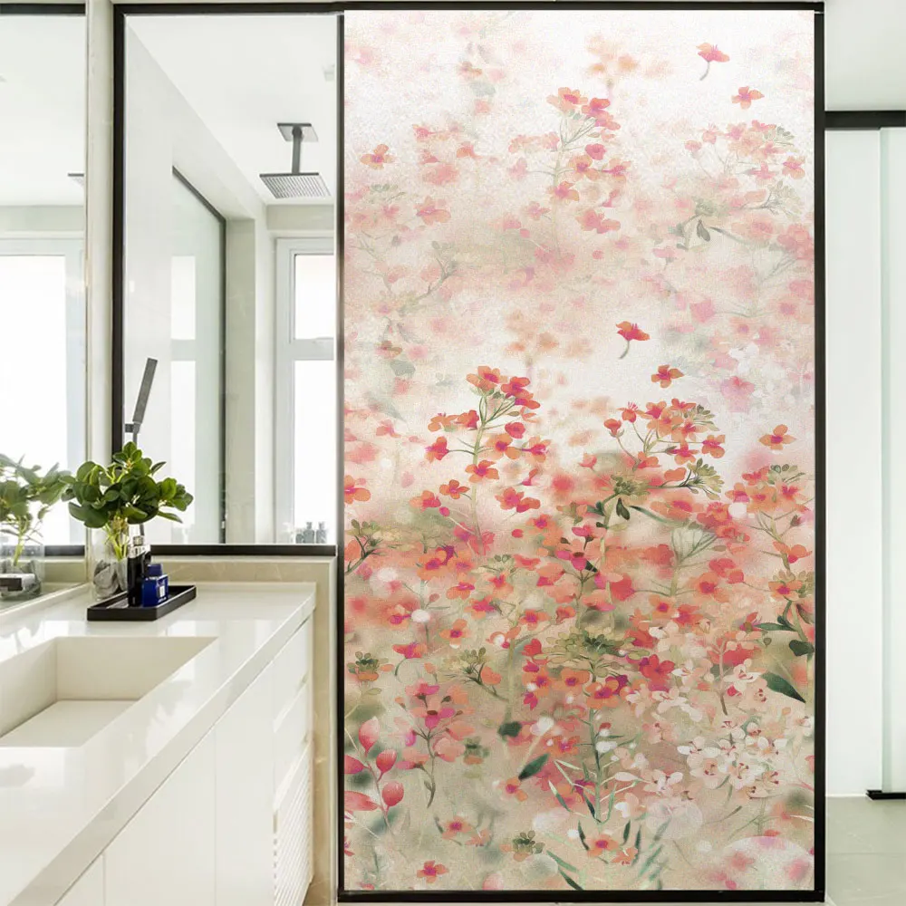 Privacy Window Glass Film Flower Pattern Frosted Glass Stickers Sun Blocking Static Cling for Bathroom Door Decoration Film