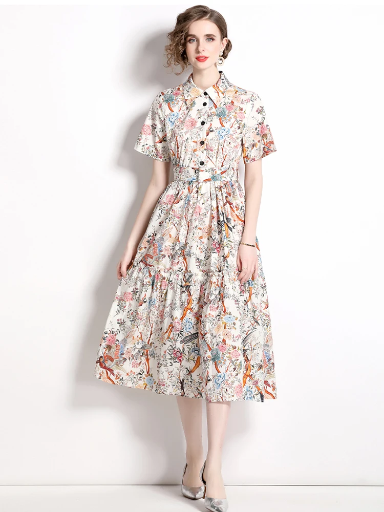 

2023 Summer Runway Designer Ink Printing Belt Shirt Dress Women's Lapel Short Sleeve Fashion Vintage Vacation Vestidos Robes