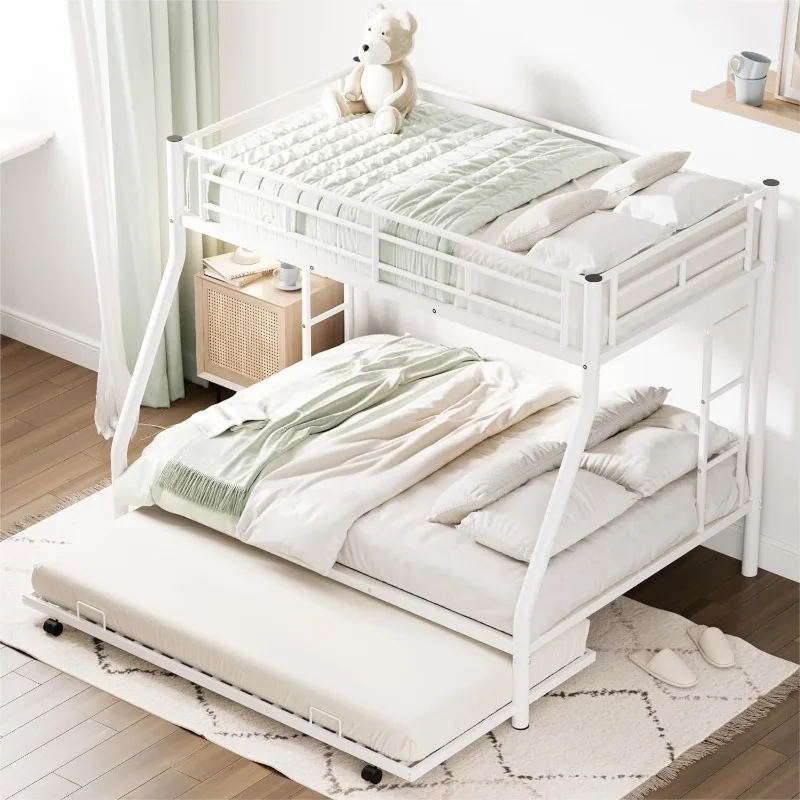 

Twin Over Full Bunk Bed with Trundle,Triple Bunk Beds, Sturdy Steel Bunk Beds Frame for 3 Kids/Teens with Two Side Ladders