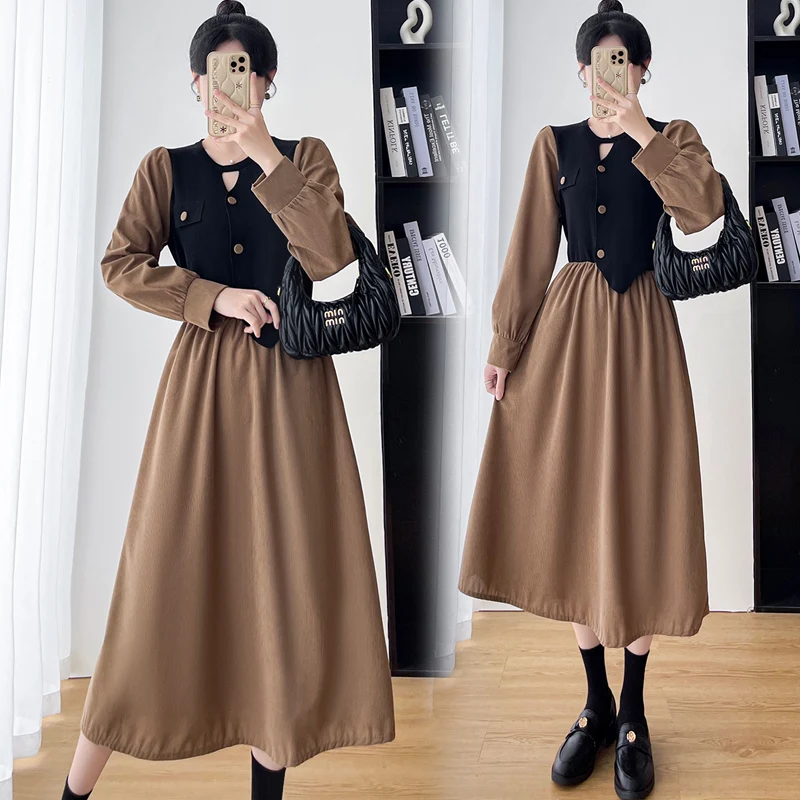 

Autumn Maternity Dress Vintage Irregular Patchwork Faux Two Pieces Pregnancy Dress Black Khaki Patchwork Pregnant Women Dresses