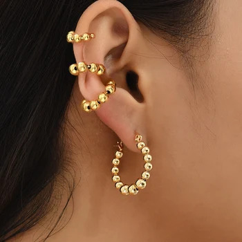 Vintage Gold Color Metal Beaded Clip Earrings Set Non-Piercing Cartilage Ear Cuff Punk Rock Big Circle Hoop Earrings for Women