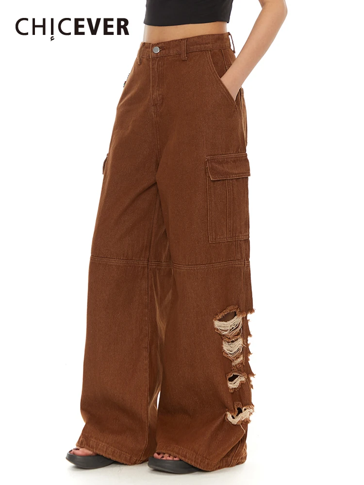 

CHICEVER Streetwear Minimalist Trousers For Women High Waist Hole Hollow Out Casual Solid Straight Denim Pants Female 2023 New