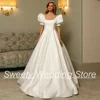 Princess Wedding Dresses Short Sleeves Square Neck Pleat Belt Pocket Bride Dress A Line Satin Bridal Gown Back Zipper Buttons 1