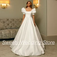 Princess Wedding Dresses Short Sleeves Square Neck Pleat Belt Pocket Bride Dress A Line Satin Bridal Gown Back Zipper Buttons 1