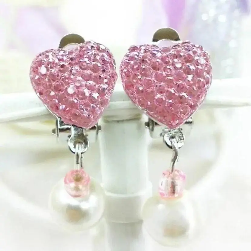 New Pretty Kids Princess Style Ear Clip No Pierced Female Shiny Love Heart Diamond Jewelry Earrings Accessories Women Gifts