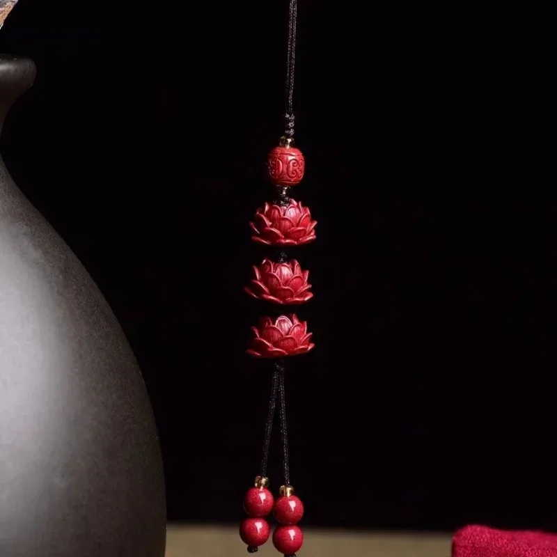 Cinnabar Lotus Key Chain Organic Jewellery Carved Fashion Chinese Natural Charm Gifts Amulet Bag Buckle Pendant Red key chain charm
