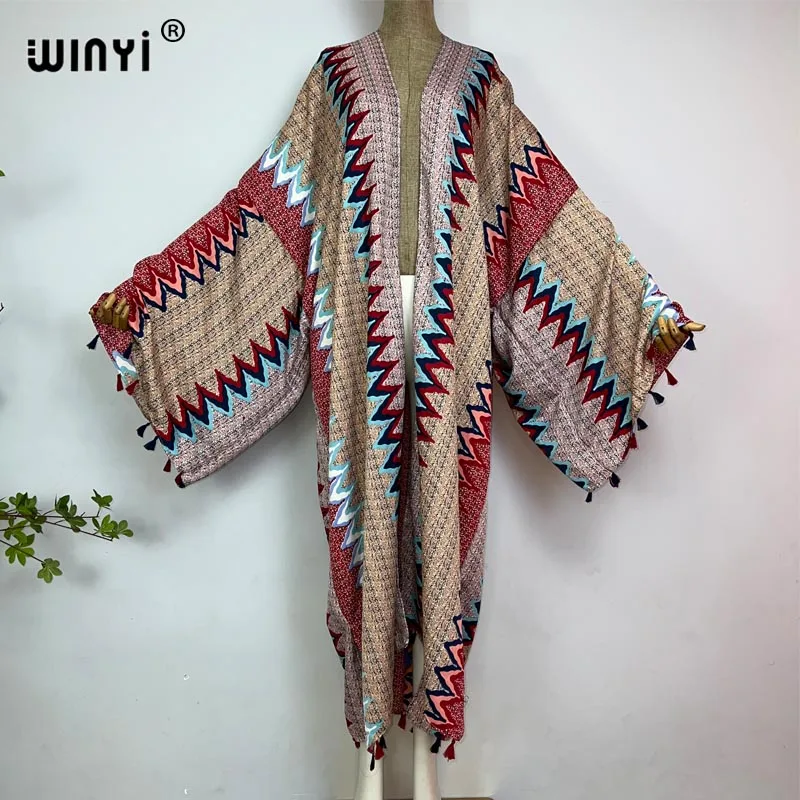 

WINYI летнее классическое женское пальто с принтом Свободное длинное платье с кисточками элегантное женское платье Бохо Макси пляжное праздничное кимоно для плавания