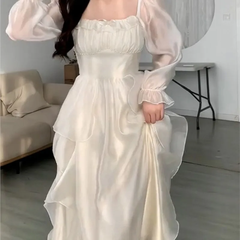 

Gentle Style Ruffled Square Collar Dress First Love Super Fairy Mori Chiffon White for Women