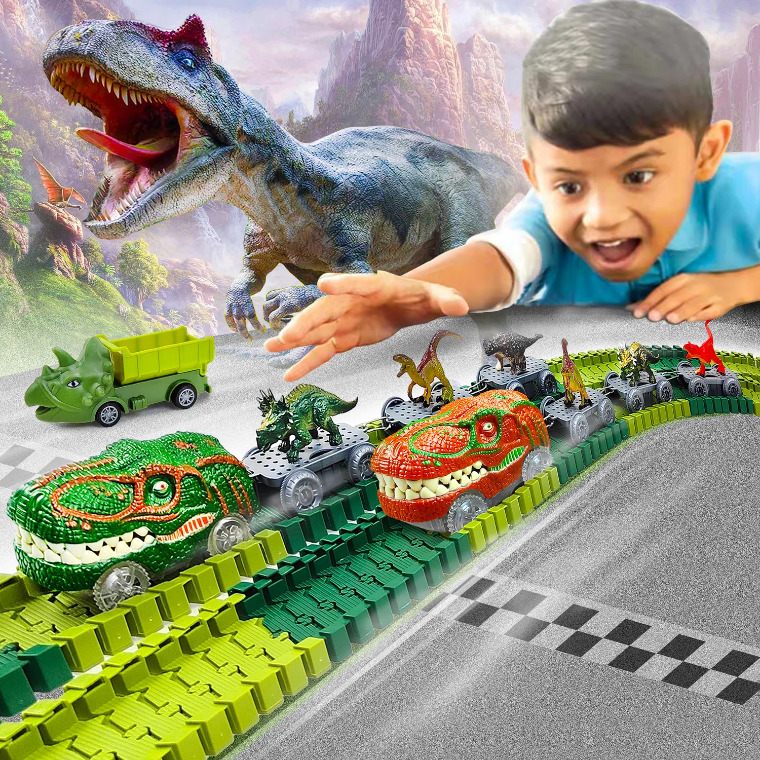 Transport Dinosaur Train Track Toys Engineering Car ,Create Magic Climbing Train World Road Race Flexible Tracks for Boy Gift