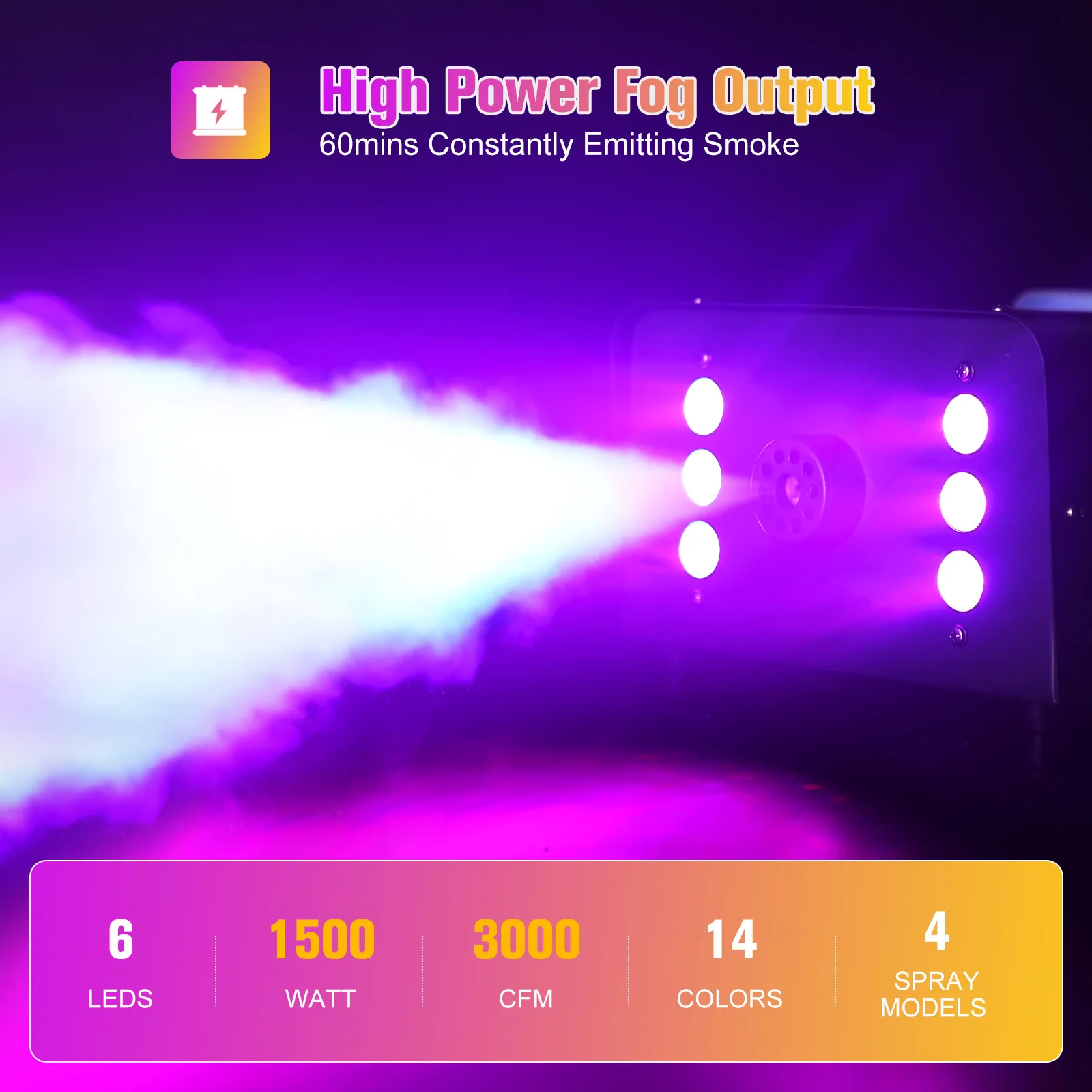 1500W Smoke Machine RGB 6 LED Fog Machine with Remote Control for DJ Disco Party Christmas Stage Effect Fogger