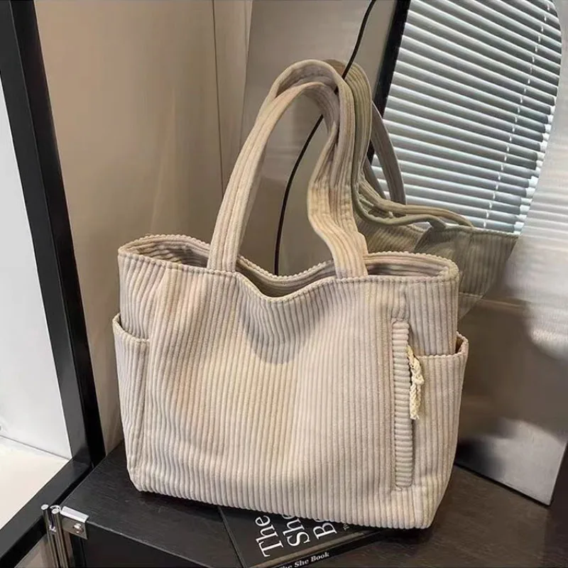 Shoulder Bag Casual Corduroy Handbag with Zipper Closure Light and Large Capacity Fixed Shoulder Strap Solid Color Daily Commuter Handbag shoulder bag