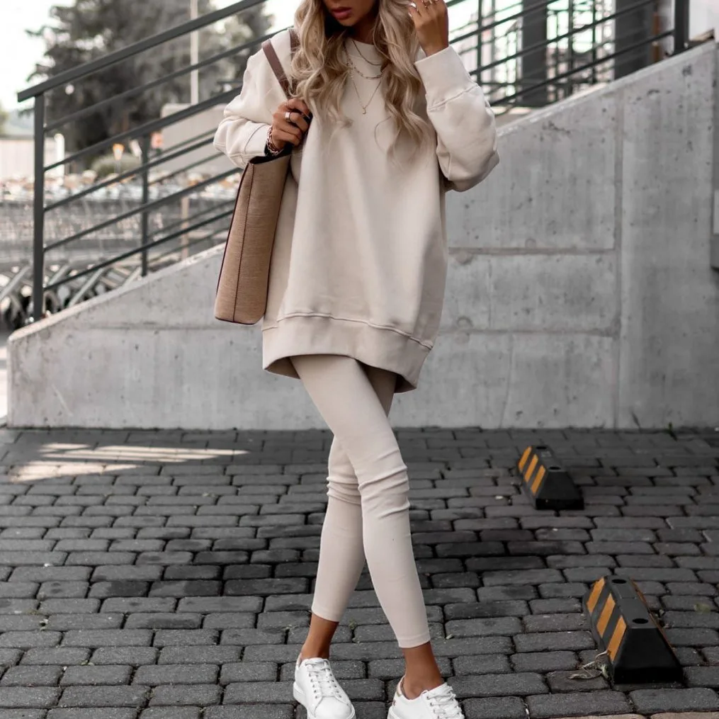 

2023 Autumn warm Loose Long Sleeve Sweatshirt Two Piece Sets Women Casual Sport Solid color Sweatshirts Tops And Pants set