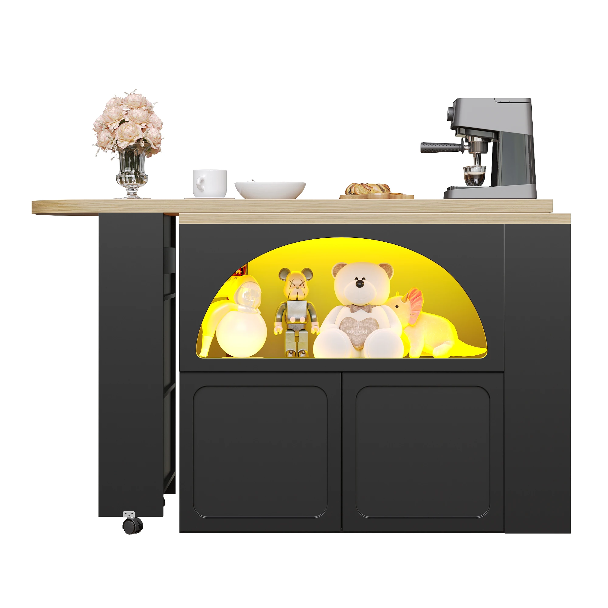 Ausziehbarer Bartisch mit Stauraum (135–205 x 39 x 100 cm), moderner beweglicher Bartisch, Teleskop-Bartisch mit LED-Beleuchtung – Detail 15