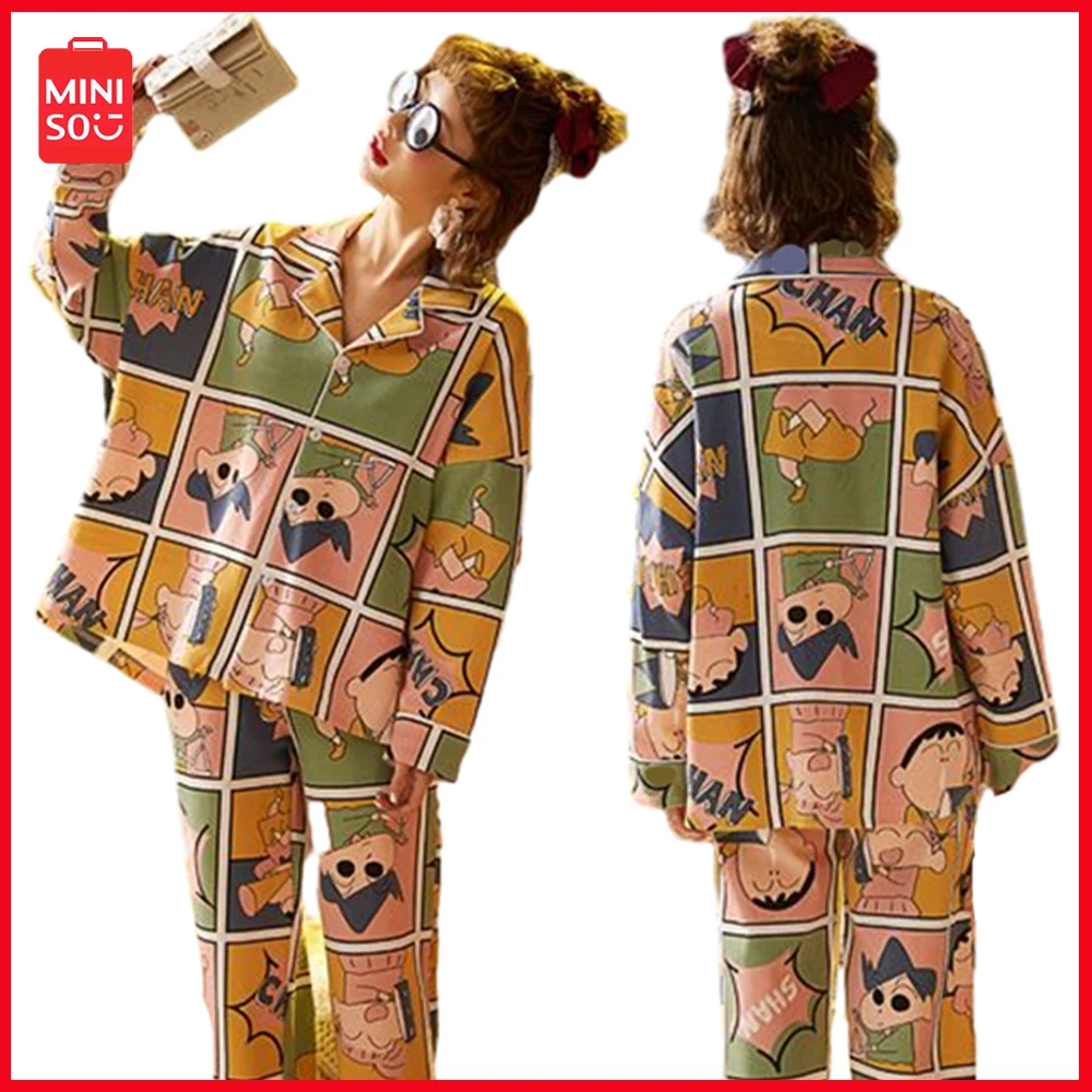 

2023 New Miniso Crayon Shin Chan Cartoon Anime Korean Version Women's Fashion Versatile Long Sleeved Pajamas Autumn Home Outfit