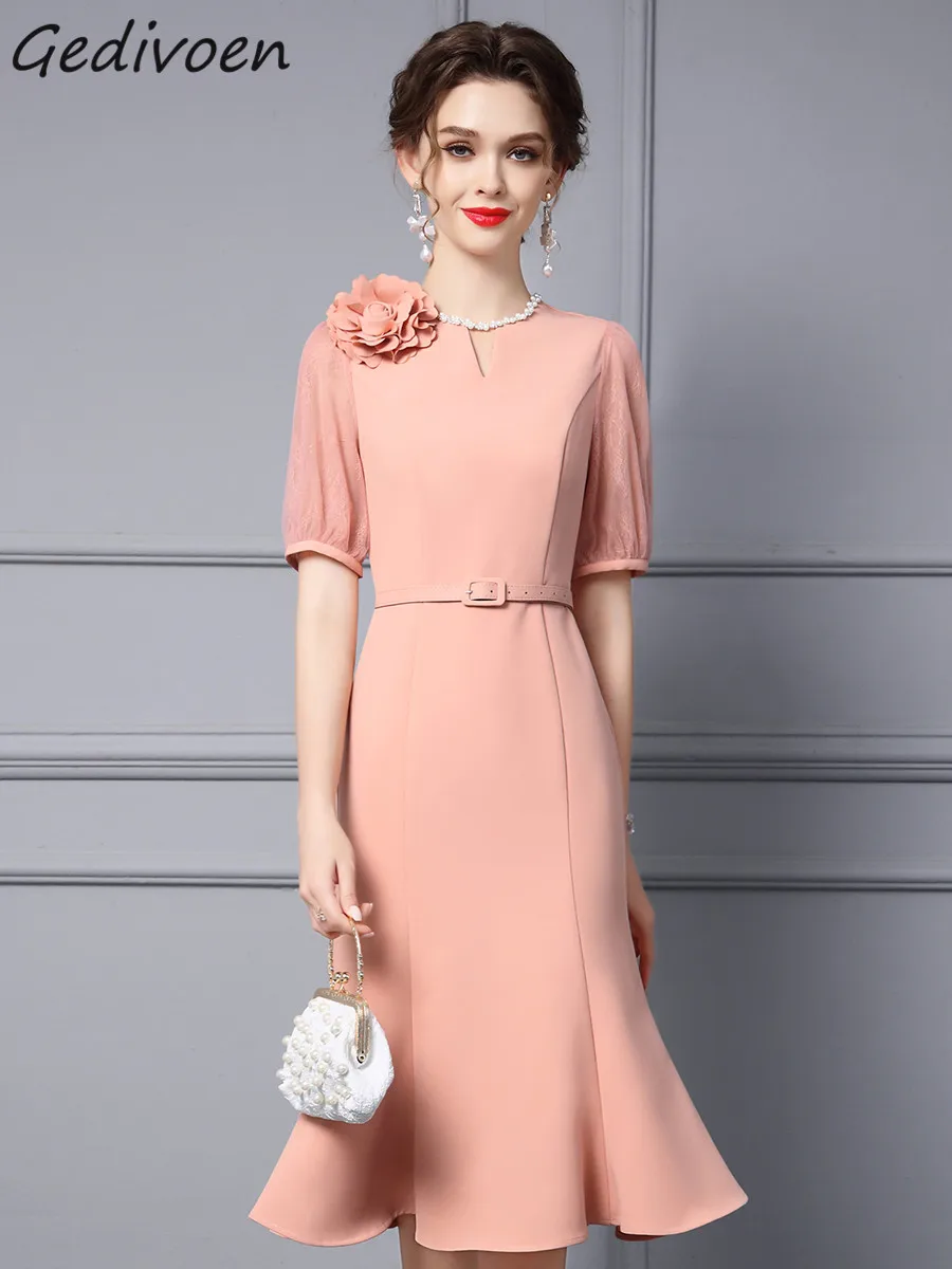

Gedivoen Fashion Designer Spring Women's Dress Round Neck Lantern Sleeve Nail Beads Tall Waist Closed To Show Thin Fishtail Dres