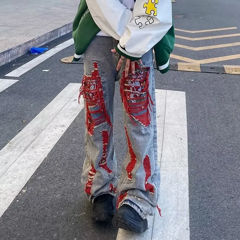 OIMG Y2K Streetwear Baggy Ripped Stacked Jeans Pants Men Clothing Straight Denim Trousers Pantaloni Uomo