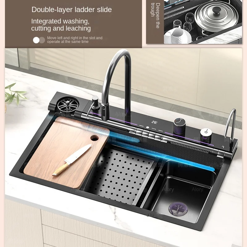Whale and Rainfall Faucet Sink Nano 304 Stainless Steel Kitchen Basin Single Bowl with Honeycomb Display 3