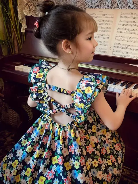 Robe trapèze mi-longue pour filles avec manches à volants – Style estival frais pour les fêtes et le quotidien 1