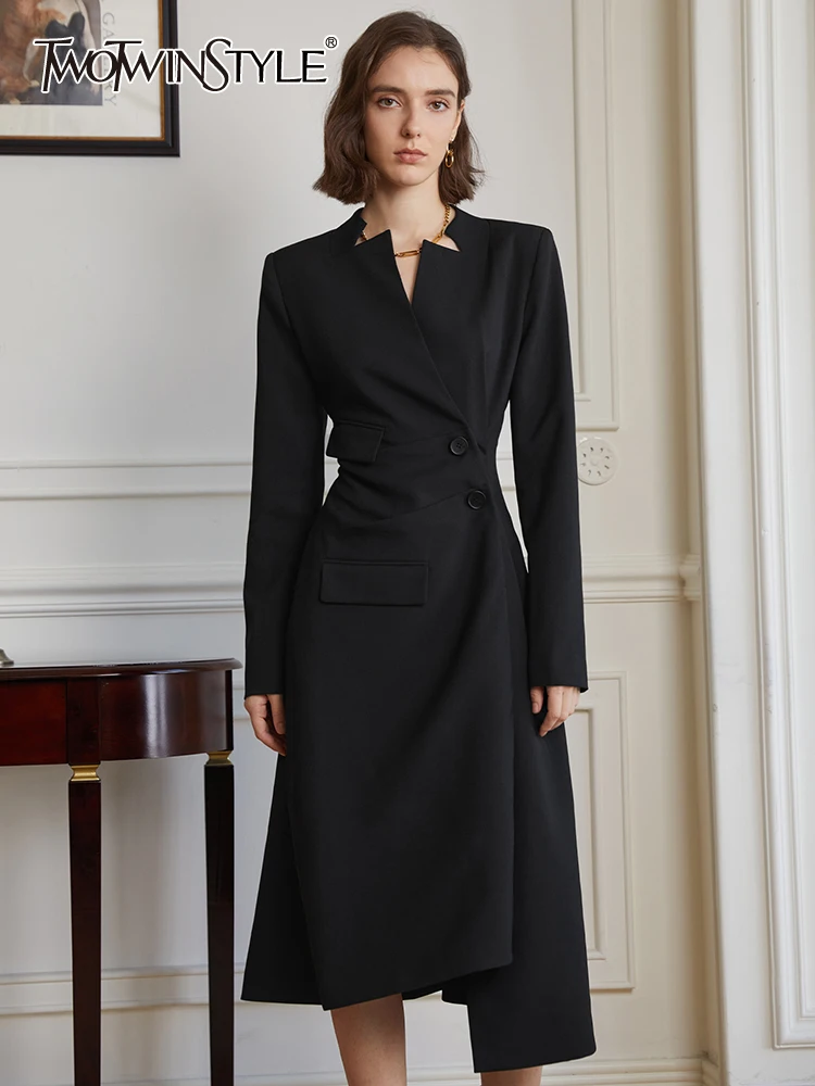 

TWOTWINSTYLE Solid Asymmetrical Dresses For Women V Neck Long Sleeve High Waist Tunic Casual Dress Female Fashion Clothing 2023