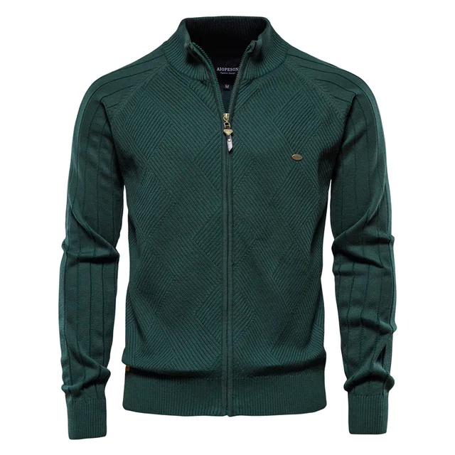 Nouveau pull pour homme à col montant et fermeture éclair, printemps-automne, élégant et décontracté, sans décoloration. Manteau en tricot à texture géométrique. 1