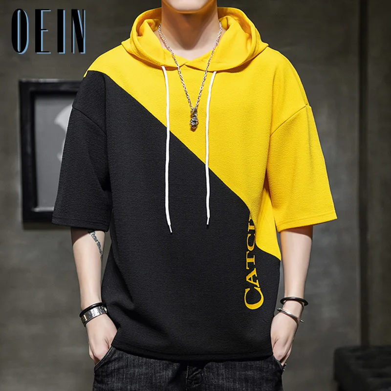 Summer Hooded Men Patchwork T Shirt Loose New T-shirts Mens Sportswear Hooded  Tee Shirts Short Sleeve Skateboard Brand Clothing